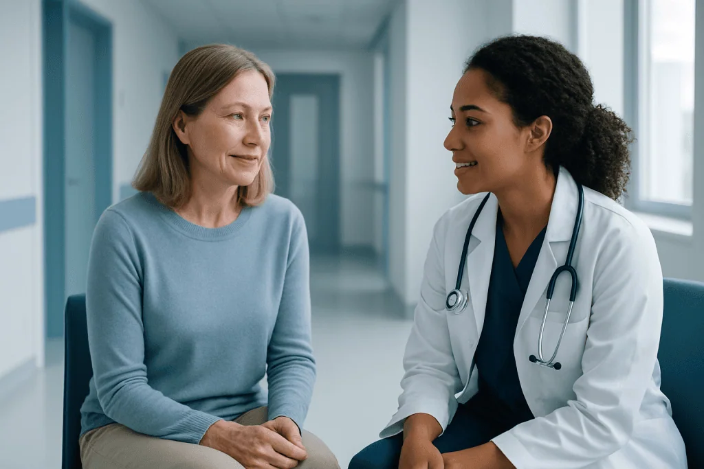 How LeBron James Made Hair Restoration Mainstream for Men 1 Doctor consulting with a female patient in a hospital corridor.