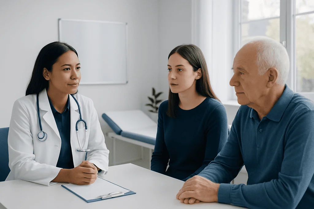 Doctor consulting with two patients in a medical office setting.