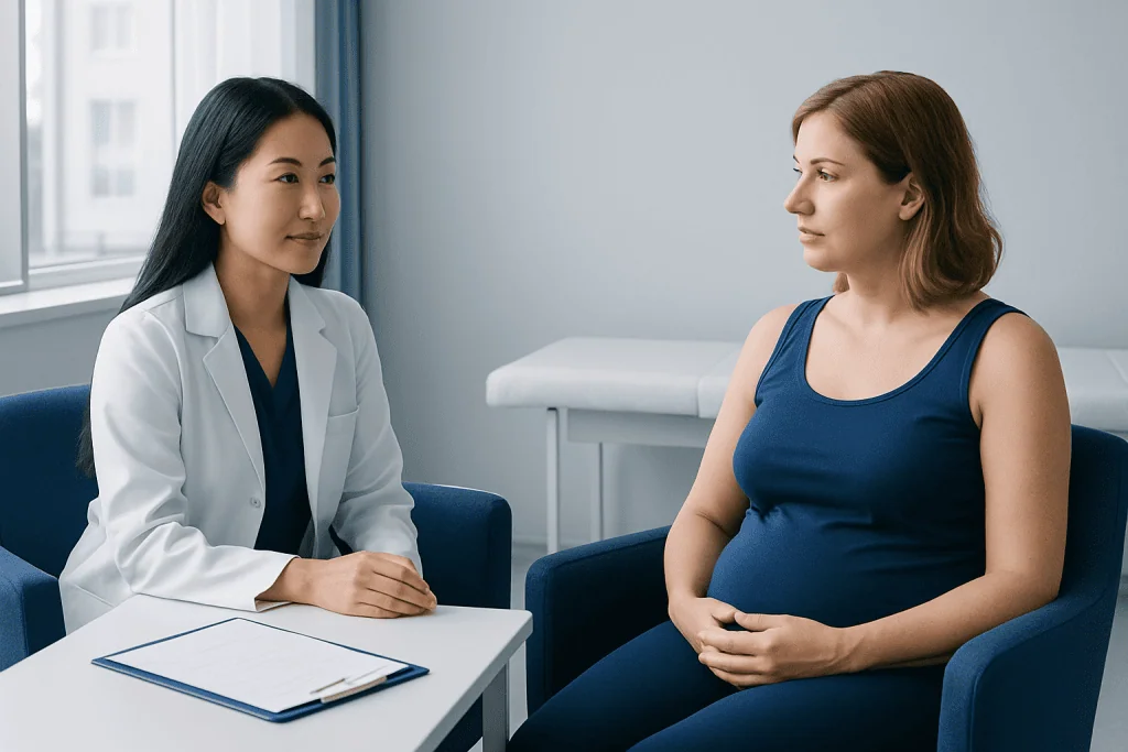 Pregnant woman consulting with a doctor in a medical office.