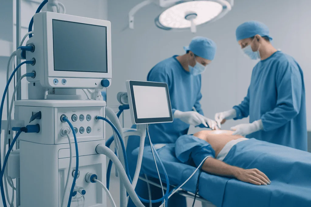 Surgeons performing coronary artery bypass surgery in an operating room.
