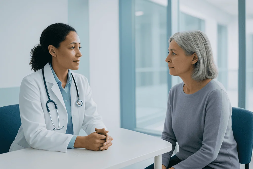 How Long Does Breathing Discomfort Continue After IVF Treatment during early recovery? 1 Doctor consulting with an older female patient in a hospital setting.