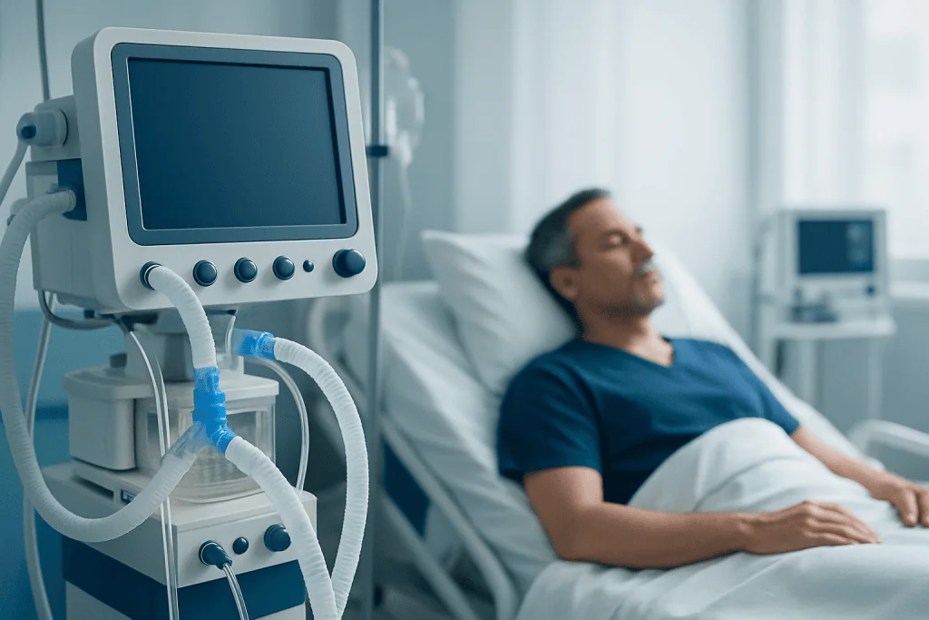 Patient resting in hospital bed with medical ventilator nearby.