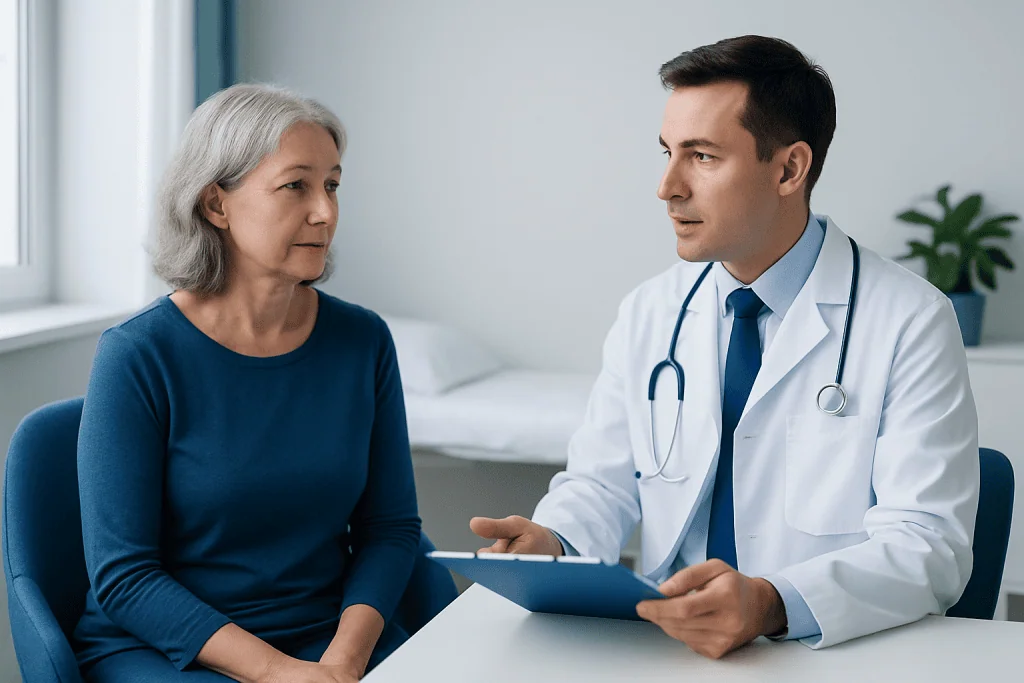 Doctor consulting with an elderly woman in a medical office.