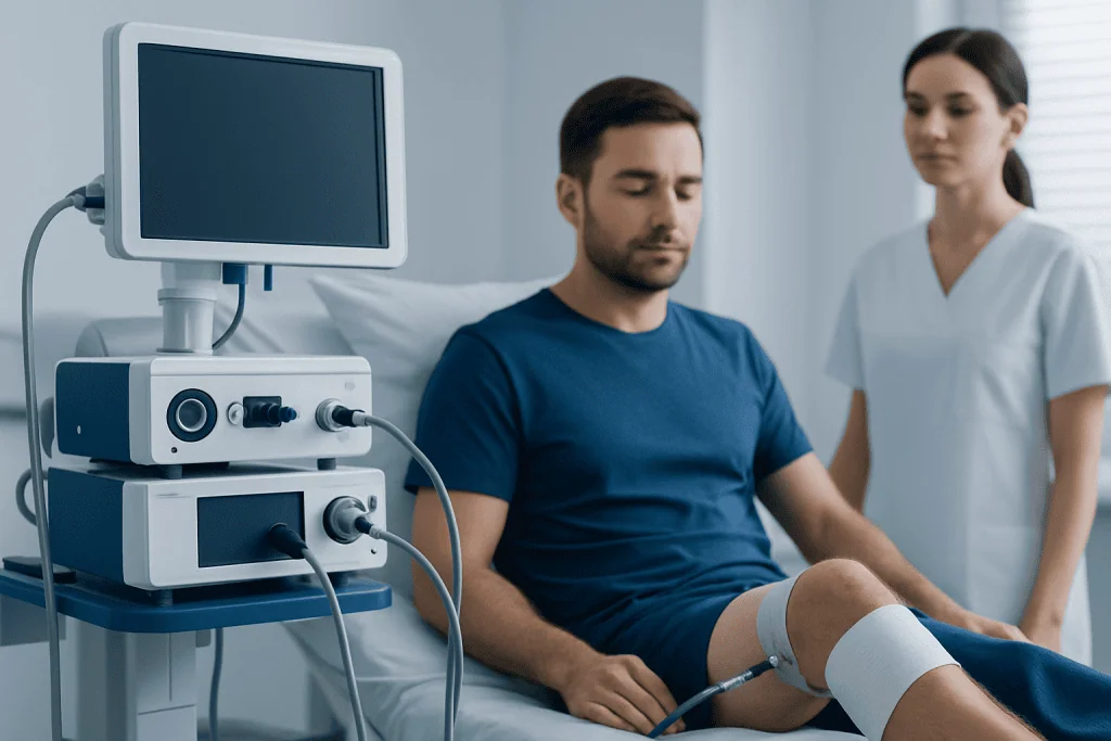 Patient undergoing knee arthroscopy in a hospital setting.