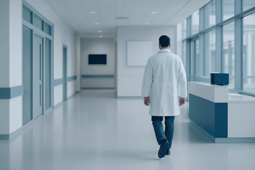 How Long To Wear Compression Socks After Total Knee Replacement? 1 Doctor walking in a modern hospital corridor with large windows and bright lighting.