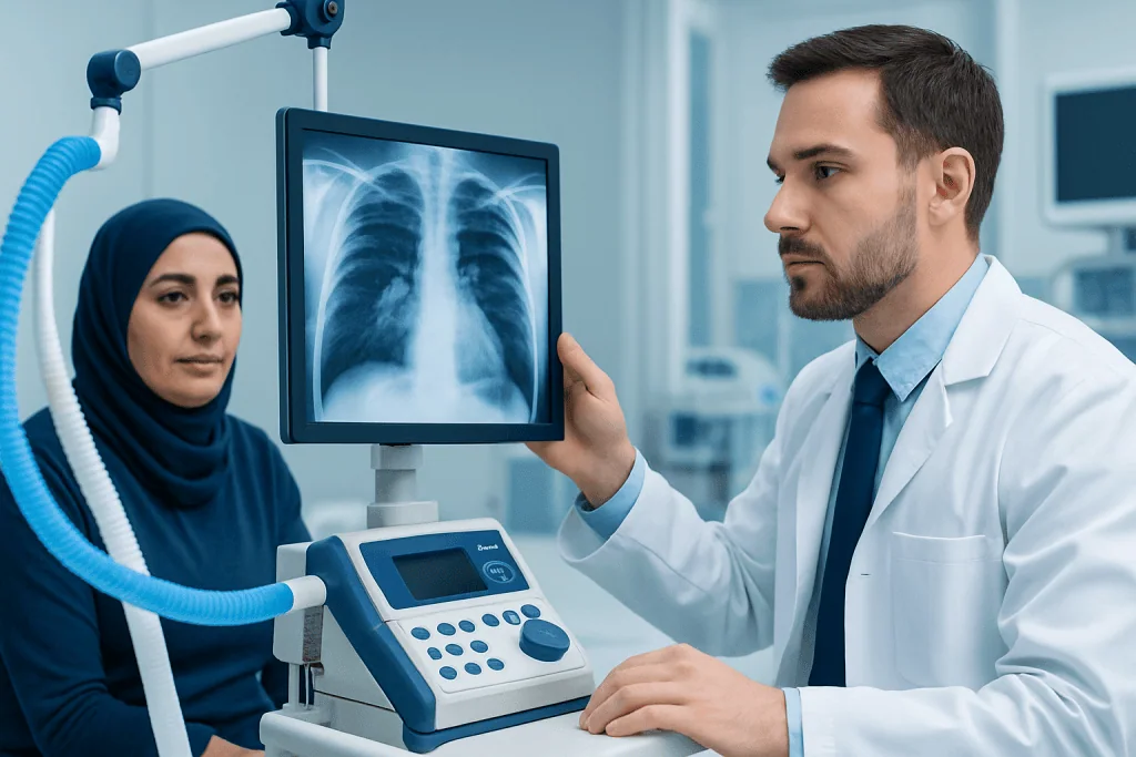 Doctor reviewing chest X-ray with female patient in hospital.