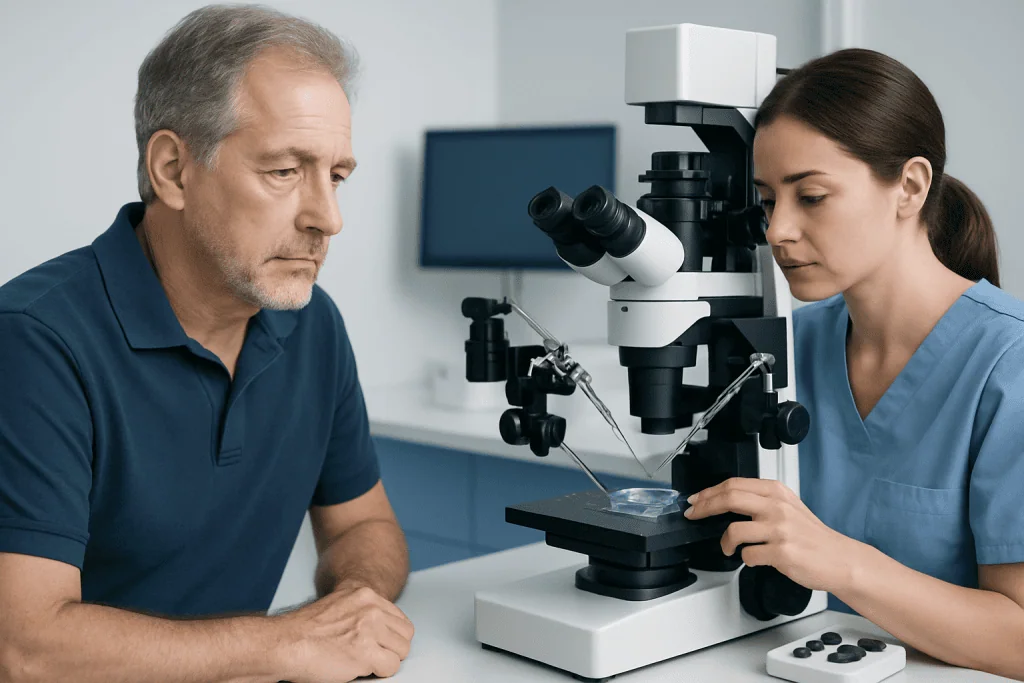 Male patient and female scientist examining a sample through a microscope at Acibadem Hospital.