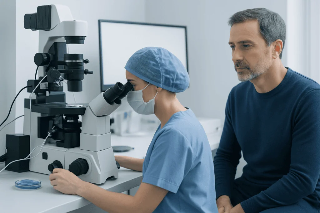 Male patient undergoing sperm analysis with a female lab technician using a microscope.