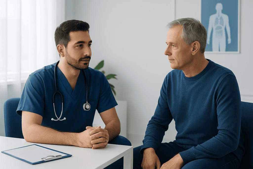Doctor consulting with an older male patient in a medical office.