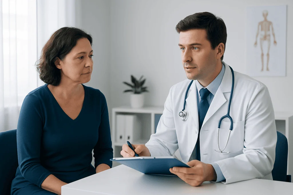 Doctor consulting with a female patient in a medical office setting.