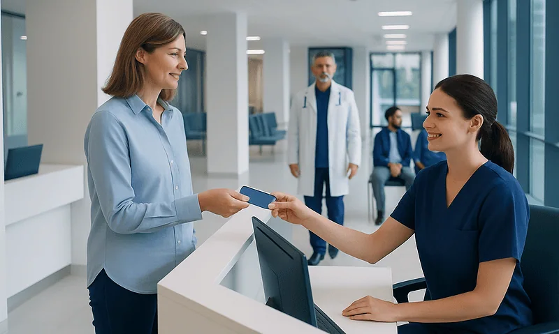 Patient paying at hospital reception with credit card in hand.