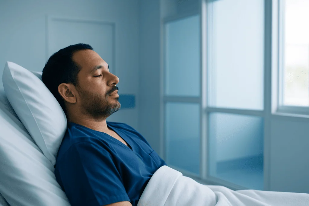 How Medical Teams Prepare Patients for Healthy Aging Diagnostics Using Evidence Based Medicine 1 Patient resting in hospital bed with eyes closed, medical setting.