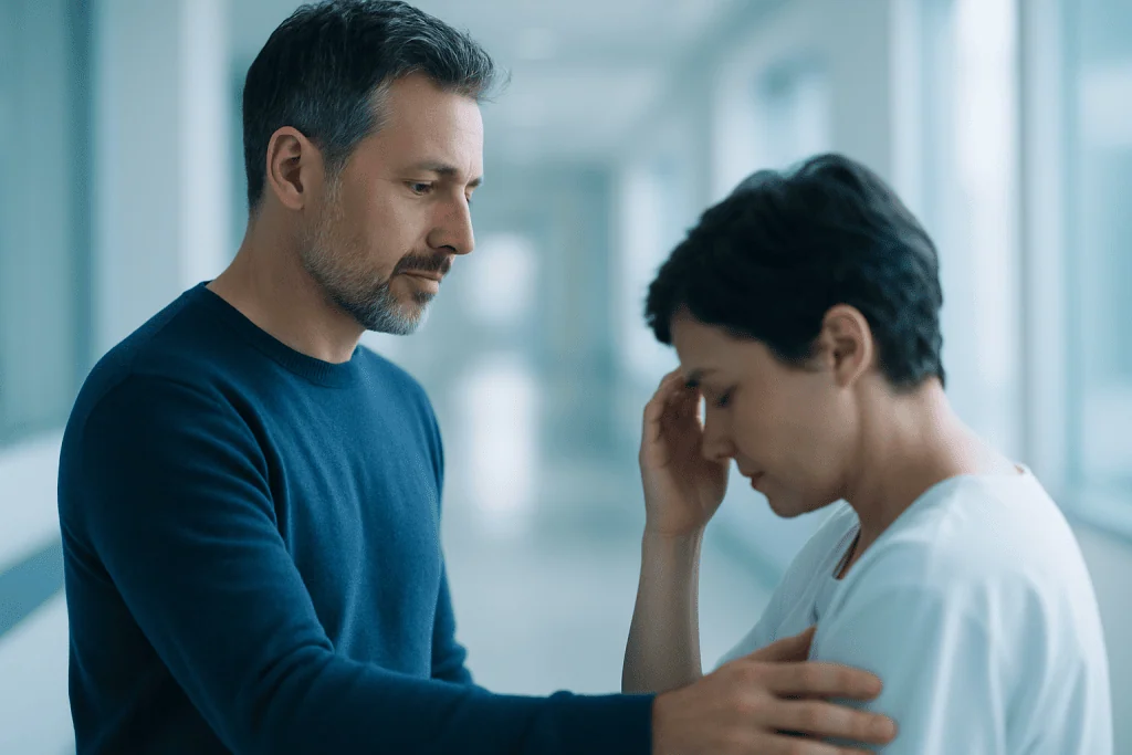 How Medical Tourism Is Changing Access to Acl Reconstruction Using Evidence Based Medicine 1 Doctor comforting a patient with knee pain in a hospital corridor.
