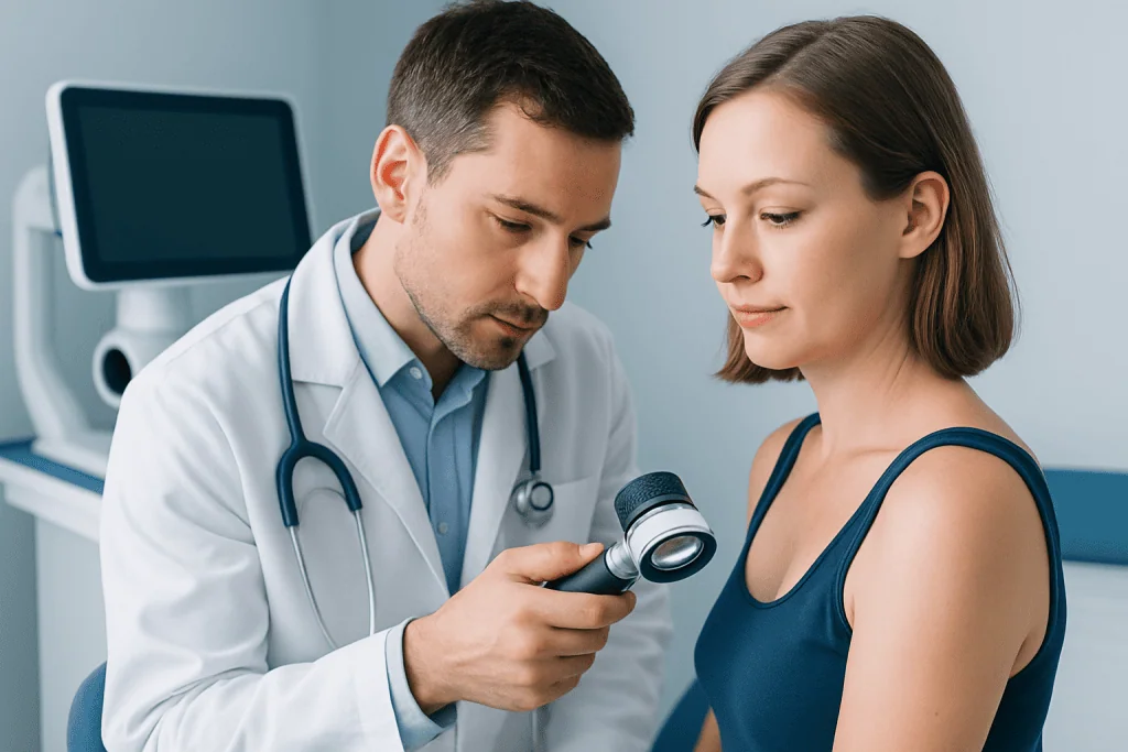 Doctor examining a patient's skin with a dermatoscope in a clinical setting.