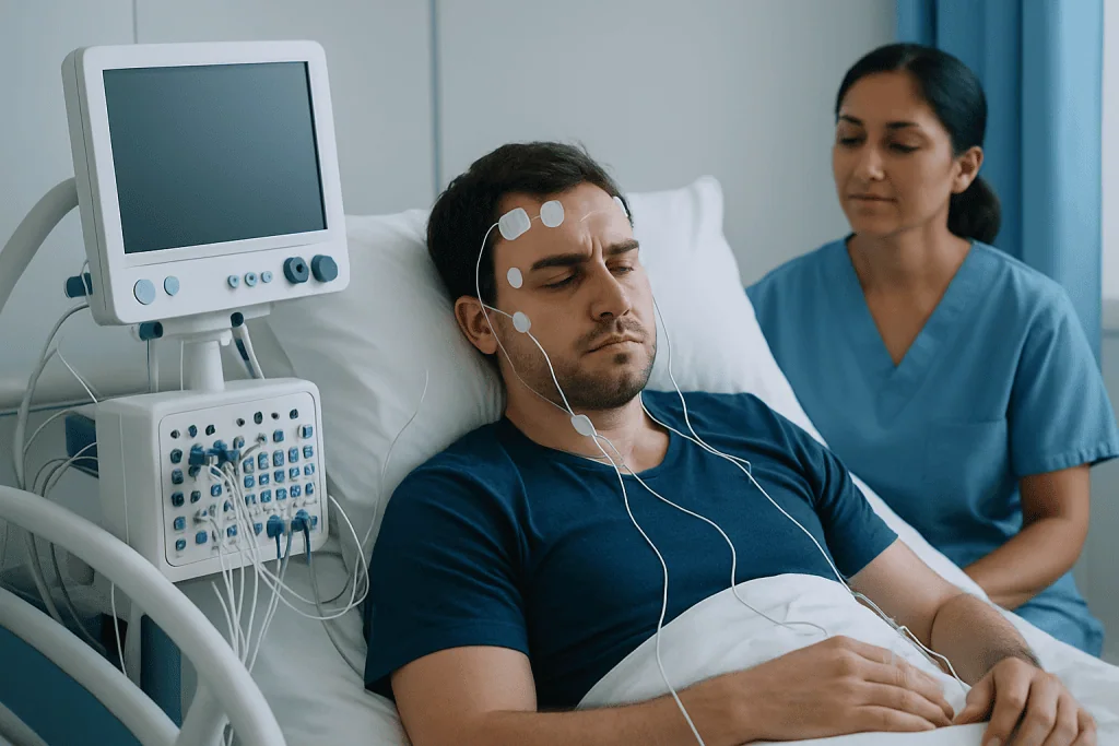 Patient in hospital bed connected to monitoring equipment with nurse nearby.