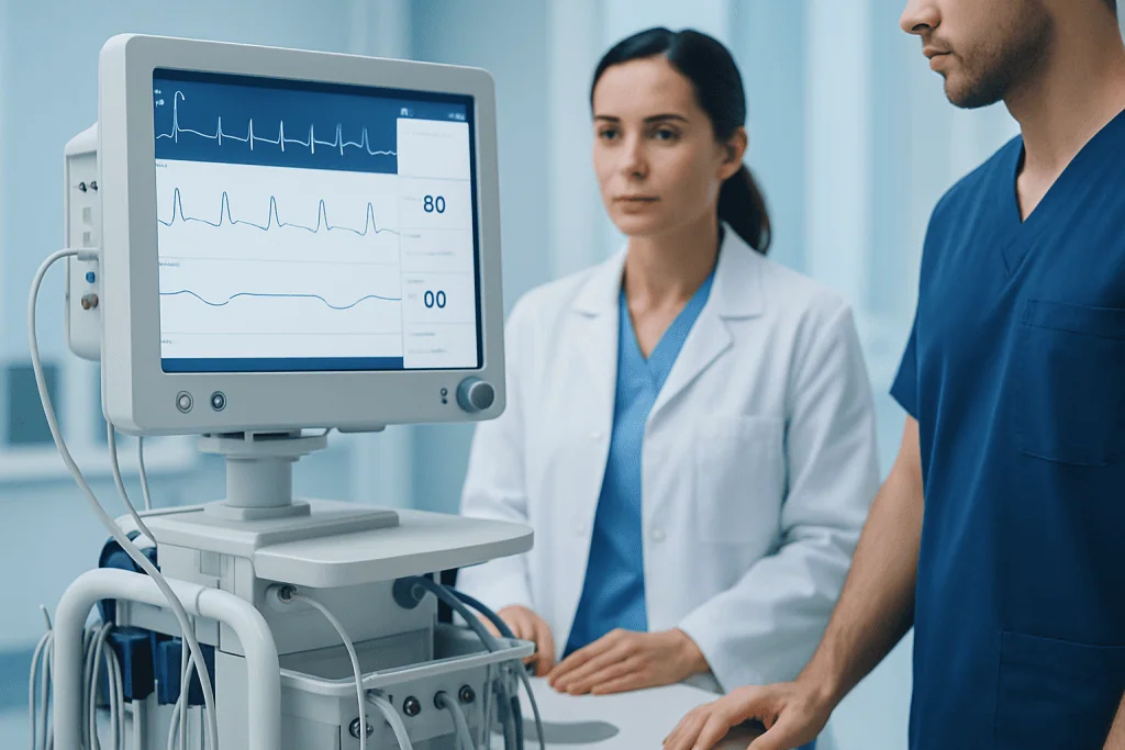 Medical professionals monitoring patient heart rate on a screen in a hospital.