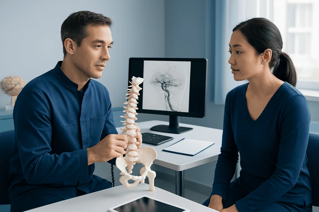 Doctor explaining spinal anatomy to patient in a medical consultation.