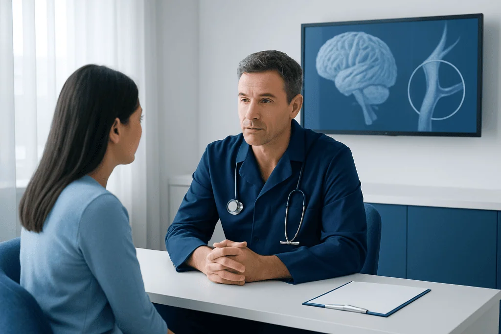 Doctor consulting patient about brain health and neurosurgery options.