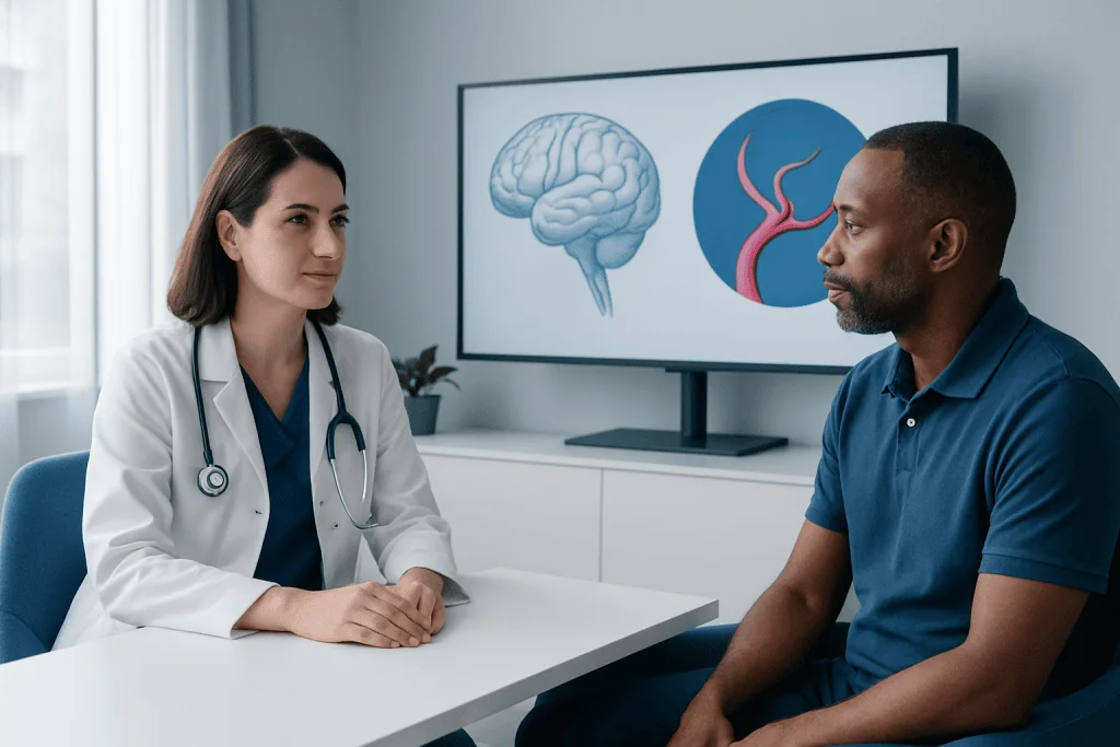 Doctor consulting with patient about brain and blood vessel diagrams.