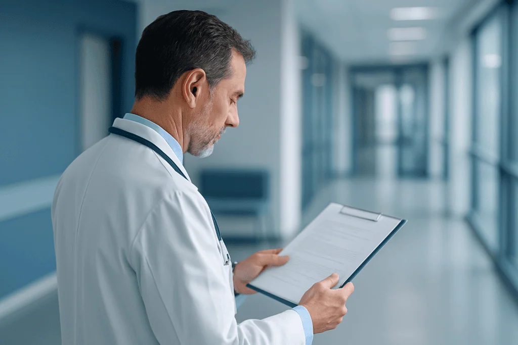 How Modern Medicine Is Changing Mommy Makeover for American Patients 1 Doctor reviewing patient information in a modern hospital corridor.