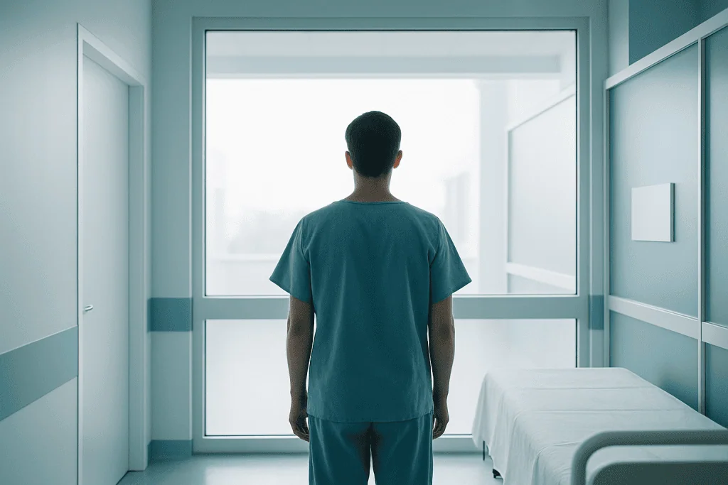 How Modern Medicine Is Changing Rotator Cuff Surgery for American Patients 1 Young male patient in hospital gown looking out of window in hospital room.