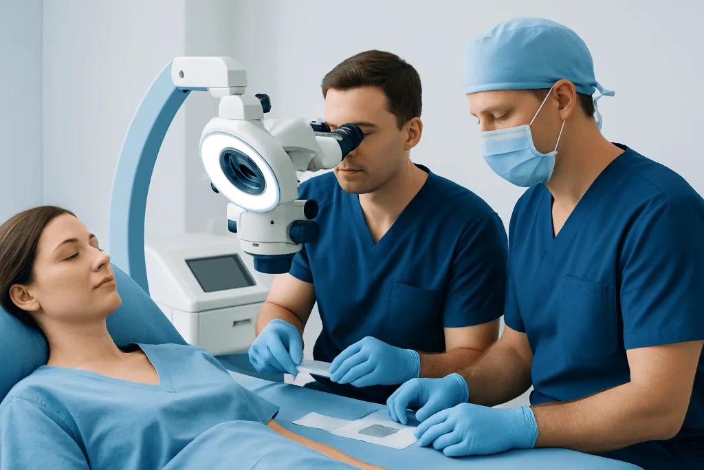Surgeons perform Mohs surgery for skin cancer treatment in a clinical setting.