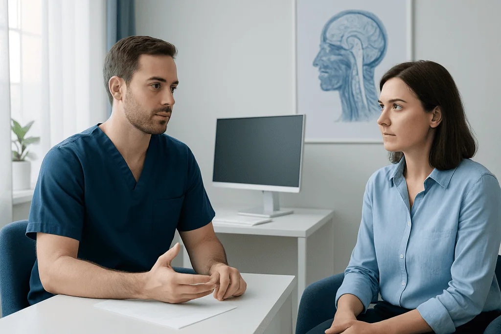 Medical consultation with a neurophysiologist and patient in a clinic setting.