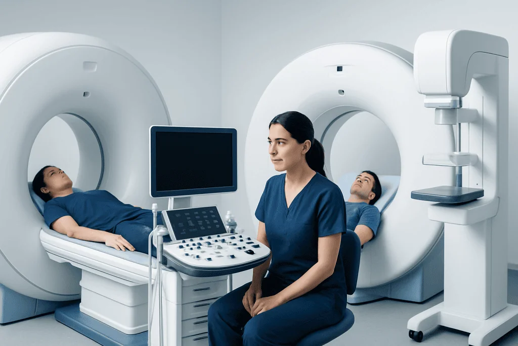 Technicians prepare patients for MRI scans in a modern hospital setting.