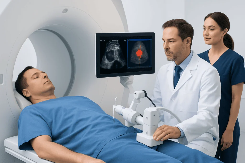 Doctor performs MRI-guided prostate biopsy with advanced imaging technology.
