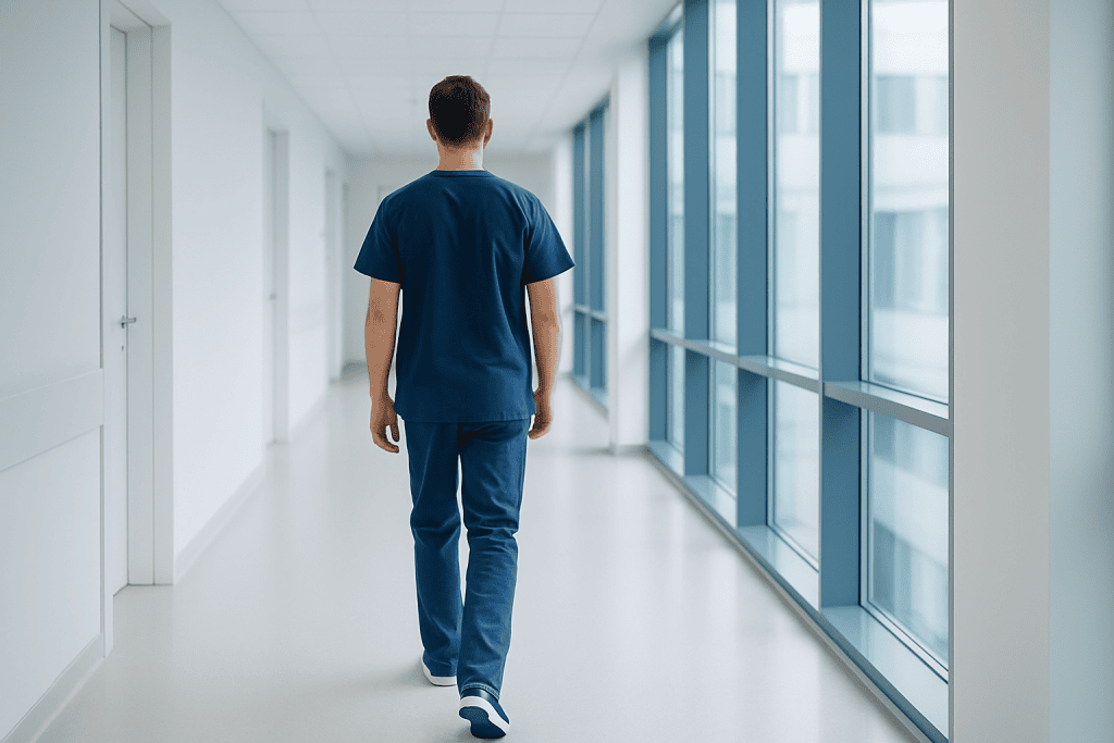 How Much Does Cancer Treatment Cost? 1 Healthcare professional walking down hospital corridor with large windows.
