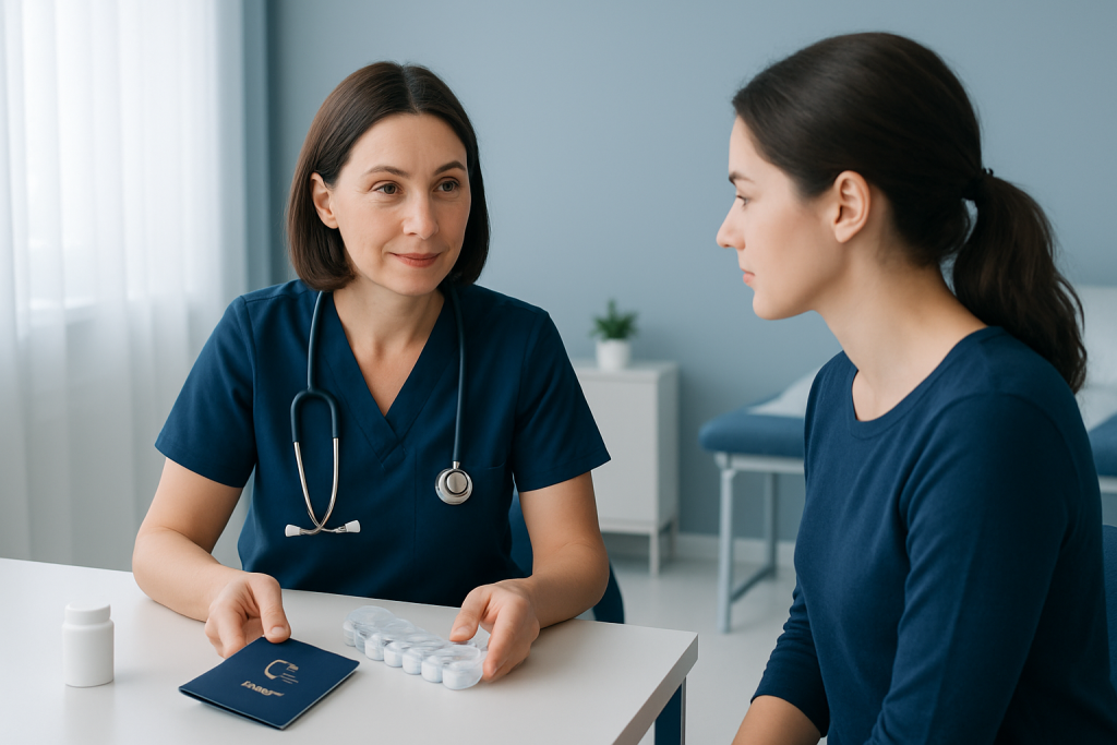 Doctor consulting with patient about medication at clinic.