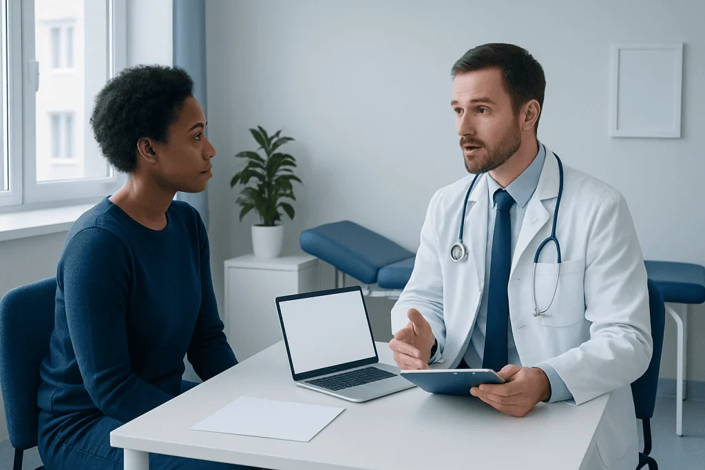 Doctor consulting with a patient in a modern medical office.