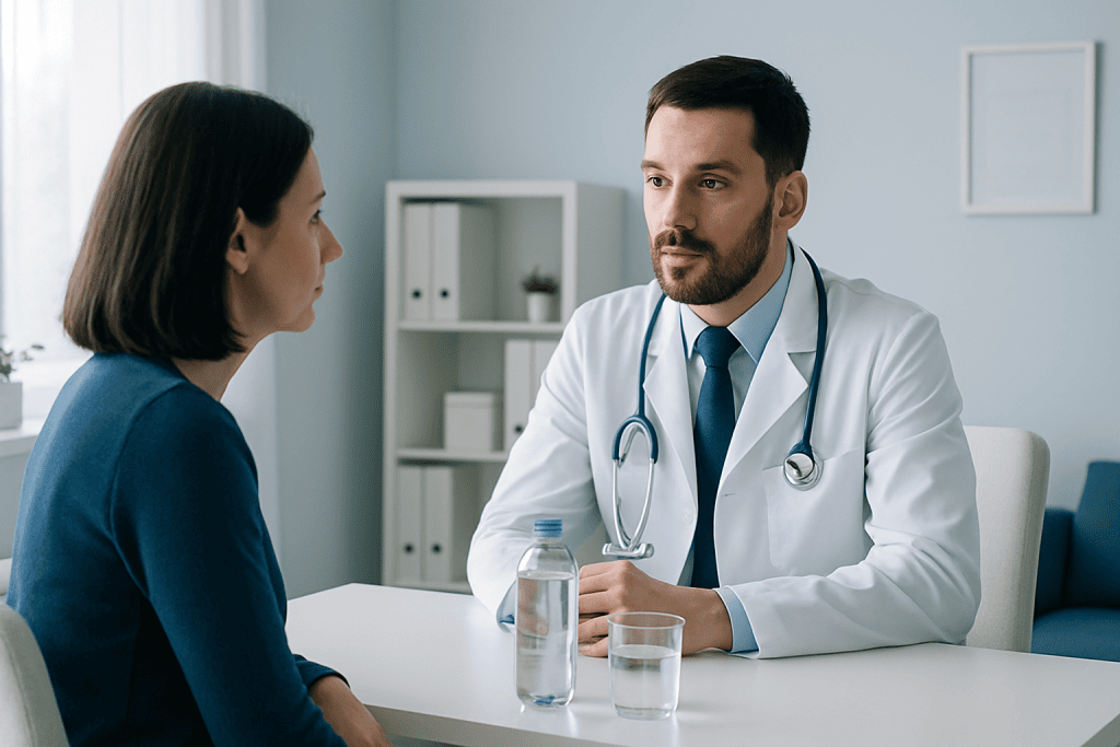 Doctor consulting with a female patient in a medical office.