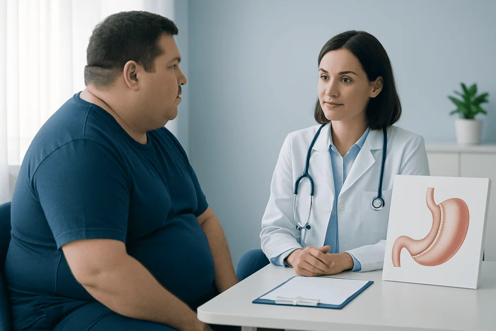 Doctor explaining stomach surgery options to a patient in a clinic.