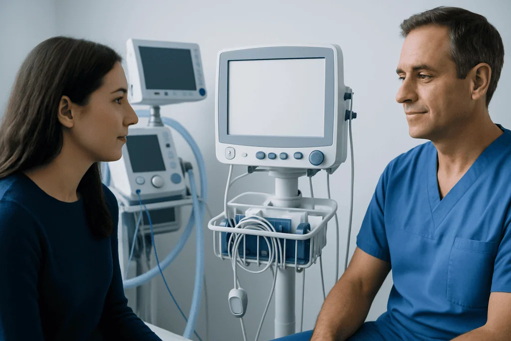 Doctor and patient in a medical consultation room with monitors and medical equipment.