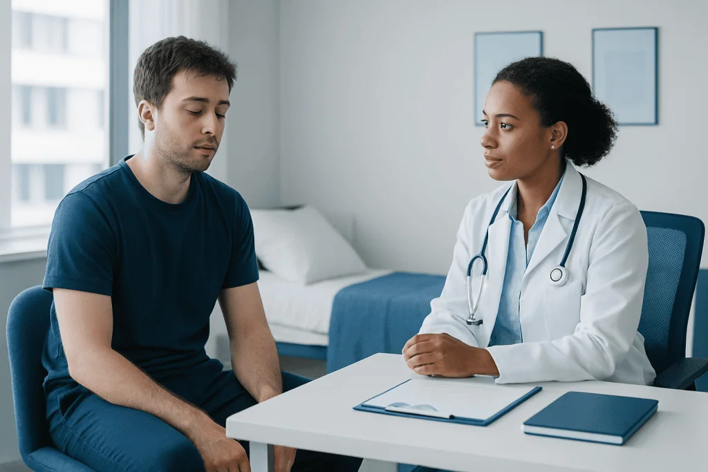 Doctor consulting with a young male patient in a medical office.