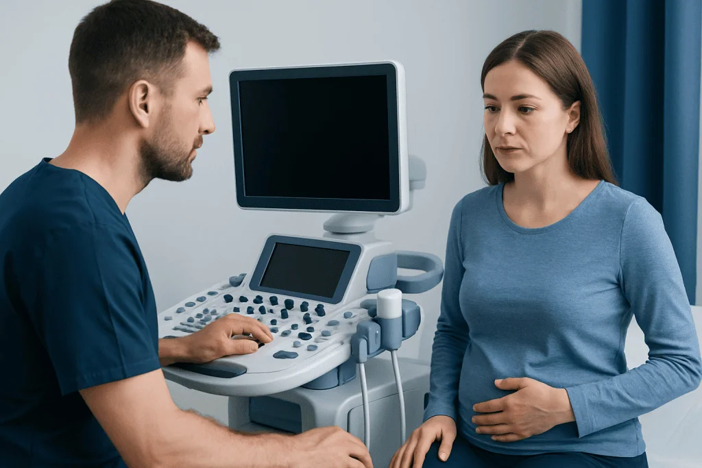 Doctor performing an ultrasound examination on a patient in a medical clinic.