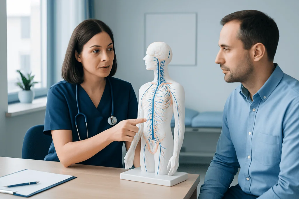 Medical professional explains nervous system to patient using a model.