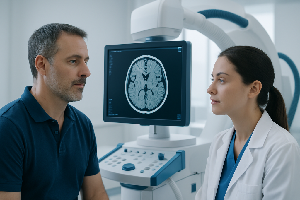 Doctor and patient discussing brain scan in medical facility.
