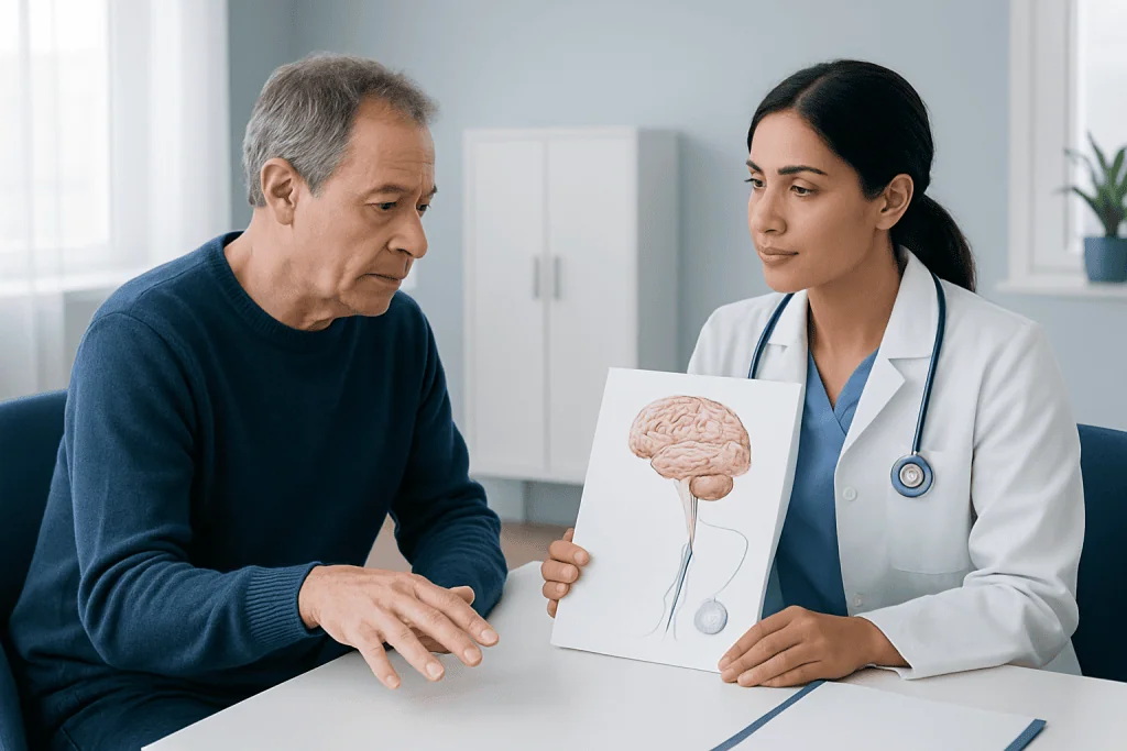 Doctor explaining brain diagram to patient in a medical consultation.
