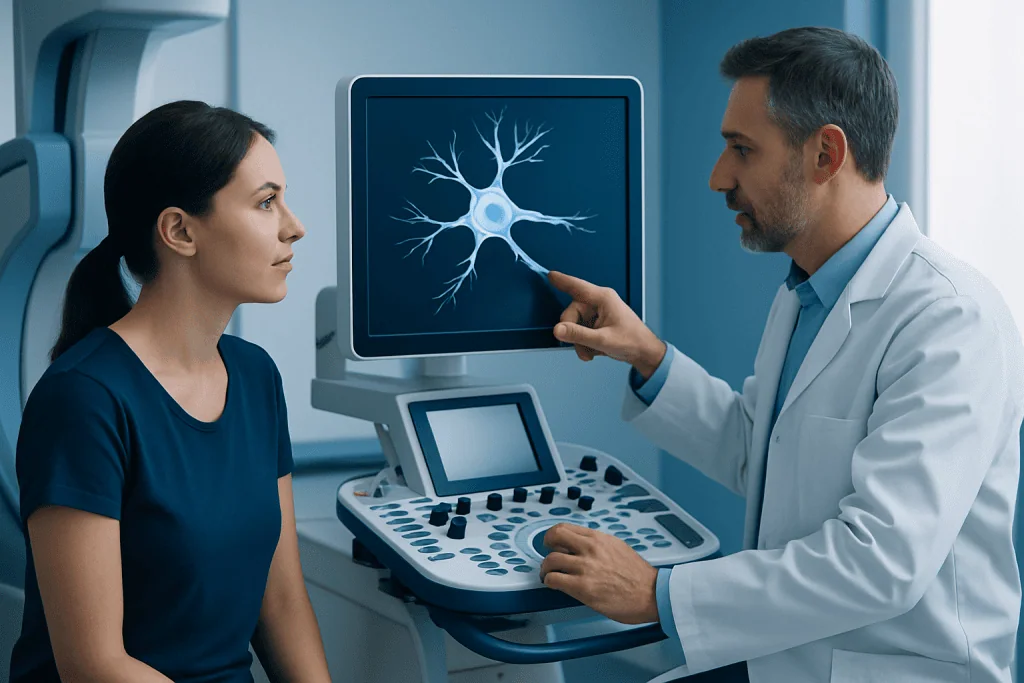 Doctor explaining nerve cell structure to patient in a medical setting.