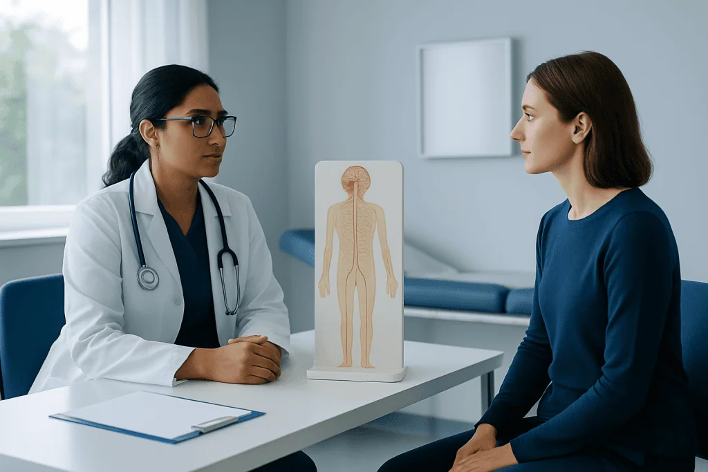 Doctor explaining neurophysiology to patient in clinic setting.