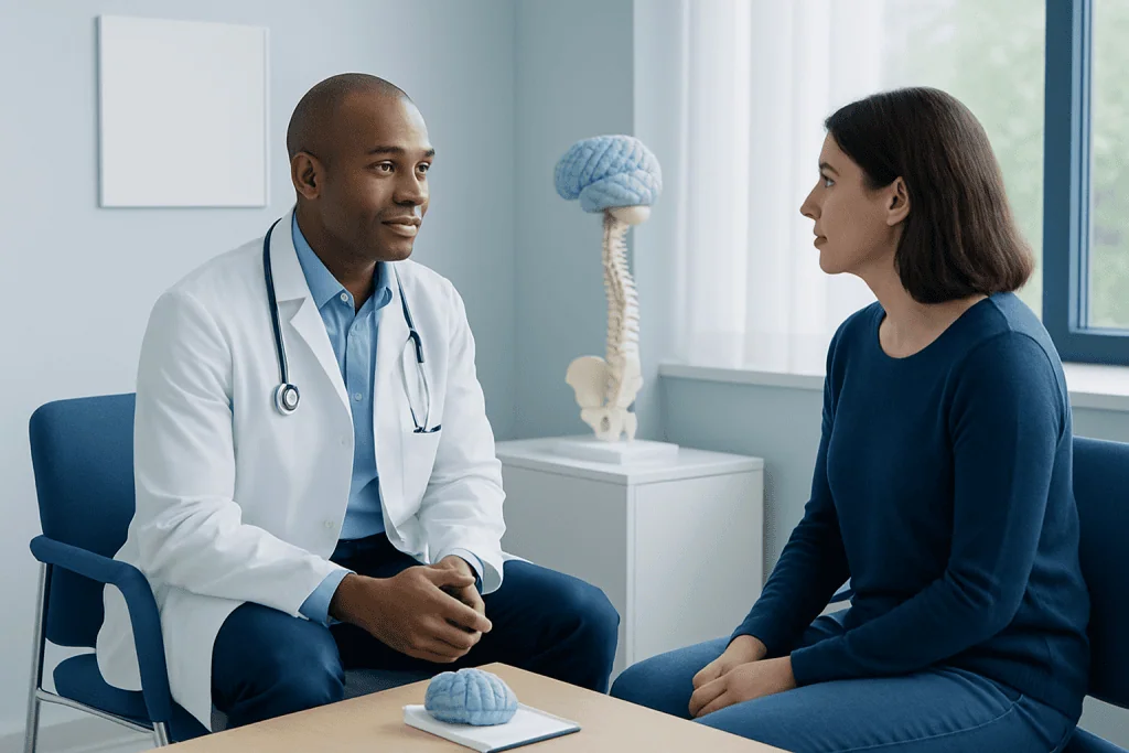 Doctor consulting with a patient in a medical office with brain model in background.