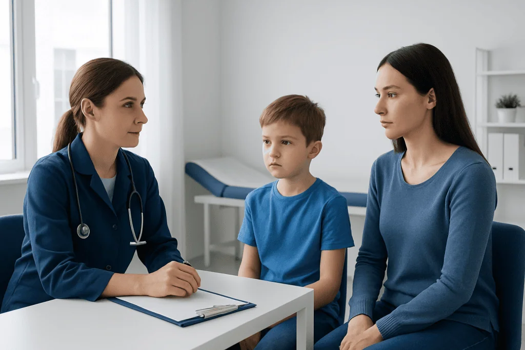 Doctor consulting with a mother and child in a medical office.