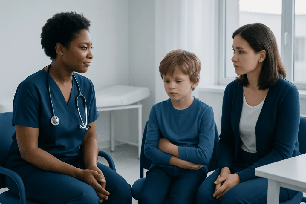 Doctor consulting with a young boy and his mother in a clinic setting.