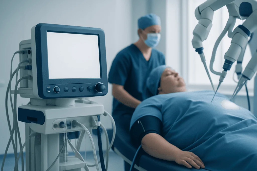 Robotic surgical system performing procedure on patient in hospital.