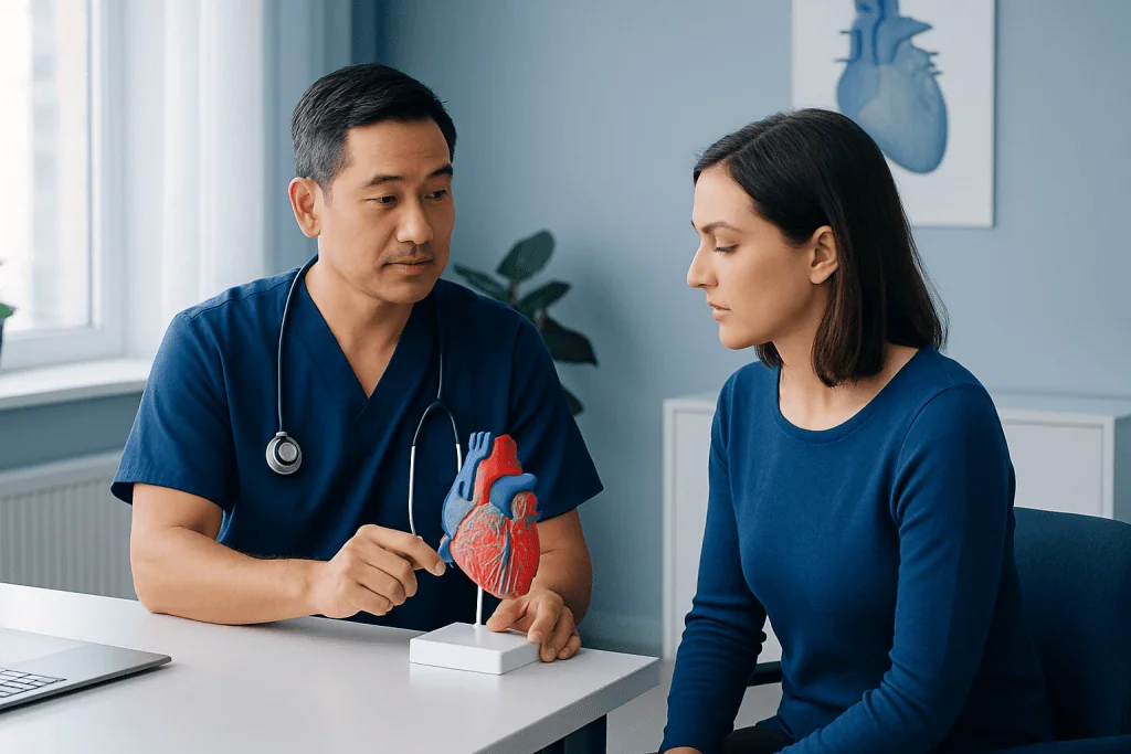 Cardiologist explaining heart model to patient in consultation room.