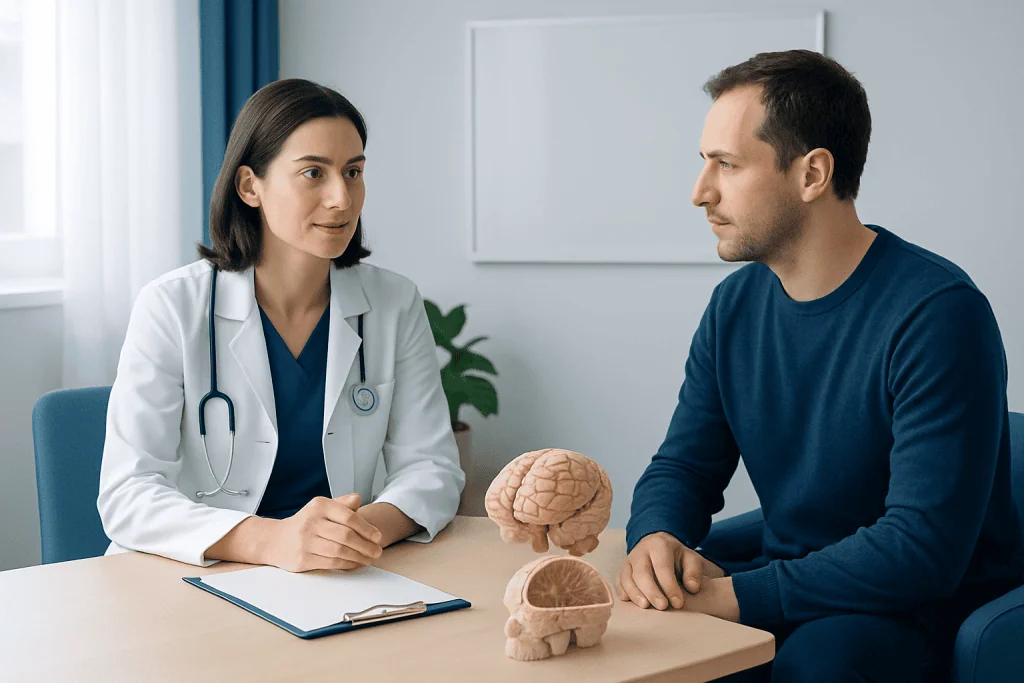 Doctor explaining brain anatomy to patient in consultation room.