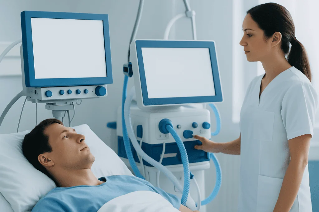 Medical professional monitoring patient on ventilator in hospital ICU.