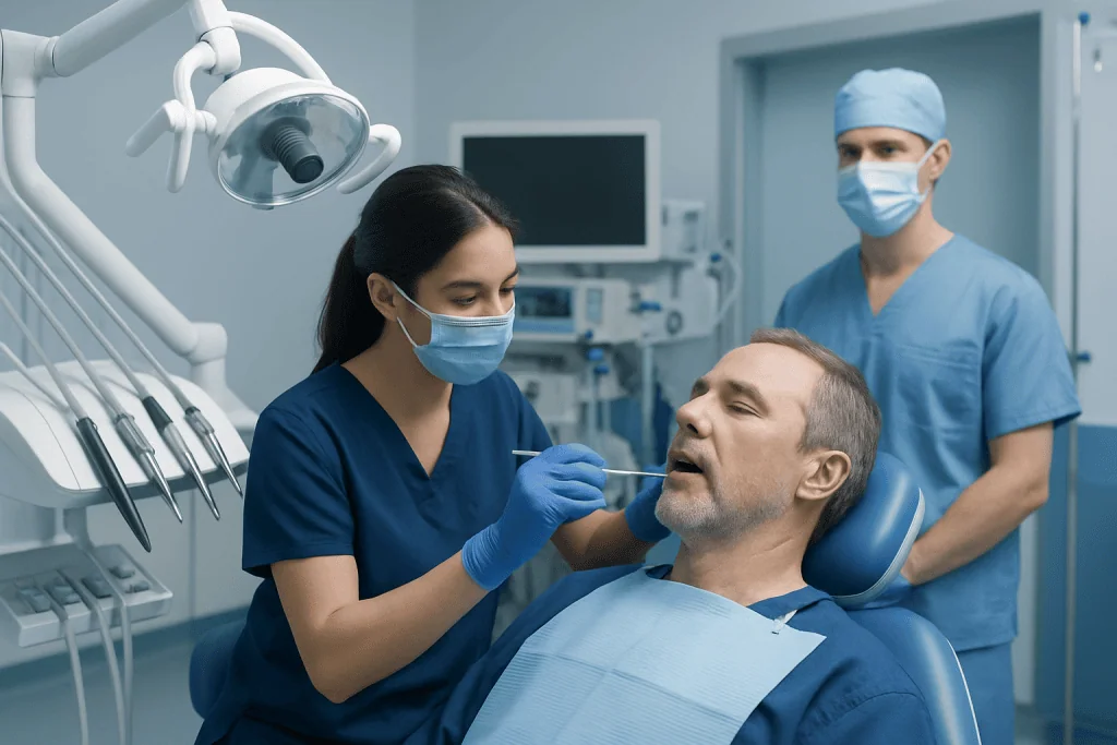 Dentist and assistant preparing patient for dental check-up in clinic.